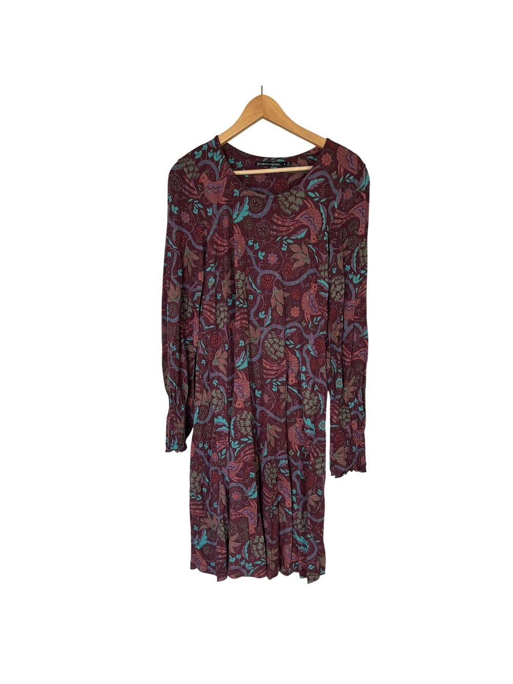 Gudrun Sjoden Dress Modal Purple Bird Floral Print Scandinavian Sz S Long Sleeve
